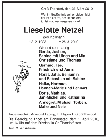 Traueranzeige von Lieselotte Netzel von ALLGEMEINE ZEITUNG UELZEN