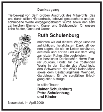 Traueranzeige von Ruth Schulenburg von ALLGEMEINE ZEITUNG UELZEN