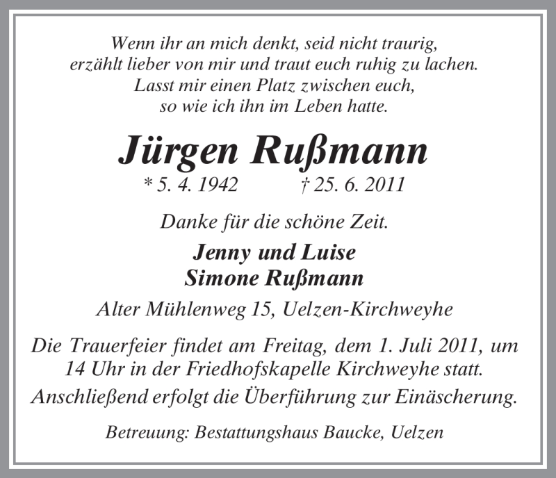  Traueranzeige für Jürgen Rußmann vom 29.06.2011 aus ALLGEMEINE ZEITUNG UELZEN