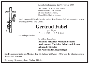 Traueranzeige von Gertrud Fabel von ALLGEMEINE ZEITUNG UELZEN