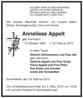 Traueranzeige von Anneliese Appelt von ALLGEMEINE ZEITUNG UELZEN