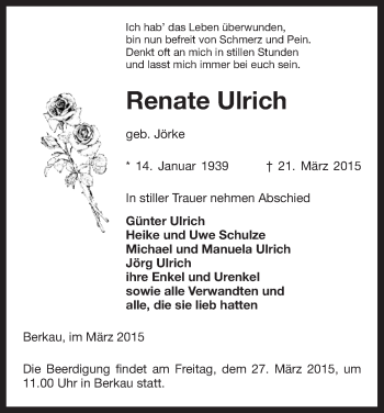 Traueranzeige von Renate Ulrich von Uelzen