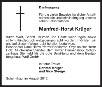 Traueranzeige von Manfred-Horst Krüger von ALLGEMEINE ZEITUNG UELZEN