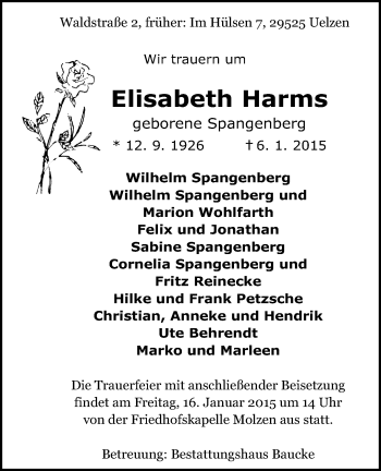 Traueranzeige von Elisabeth Harms von Uelzen