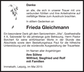 Traueranzeige von Frieda Gleichmann von Uelzen