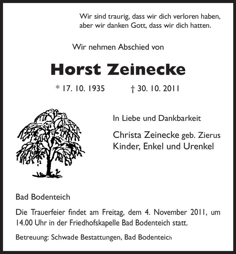  Traueranzeige für Horst Zeinecke vom 02.11.2011 aus ALLGEMEINE ZEITUNG UELZEN
