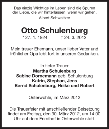 Traueranzeige von Otto Schulenburg von ALLGEMEINE ZEITUNG UELZEN