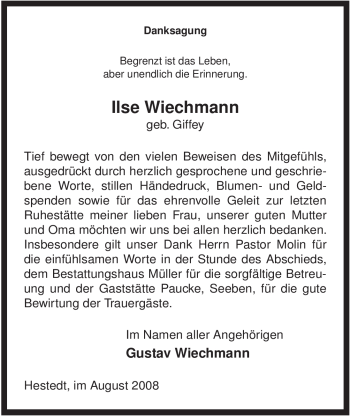 Traueranzeige von Ilse Wiechmann von ALLGEMEINE ZEITUNG UELZEN