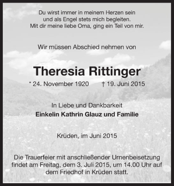 Traueranzeige von Theresia Rittinger von Uelzen