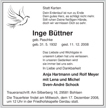 Traueranzeige von Inge Büttner von ALLGEMEINE ZEITUNG UELZEN
