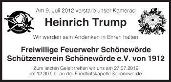 Traueranzeige von Heinrich Trump von ALLGEMEINE ZEITUNG UELZEN