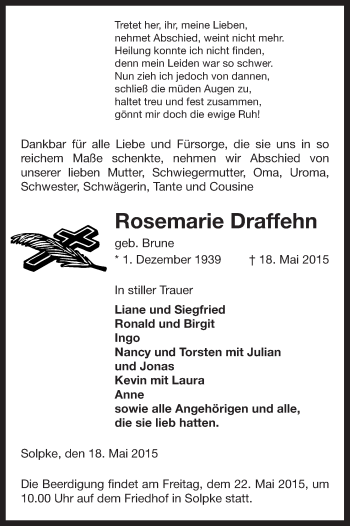 Traueranzeige von Rosemarie Draffehn von Uelzen