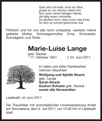 Traueranzeige von Marie-Luise Lange von ALLGEMEINE ZEITUNG UELZEN