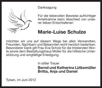 Traueranzeige von Marie-Luise Schulze von ALLGEMEINE ZEITUNG UELZEN