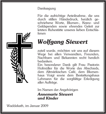 Traueranzeige von Wolfgang Siewert von ALLGEMEINE ZEITUNG UELZEN