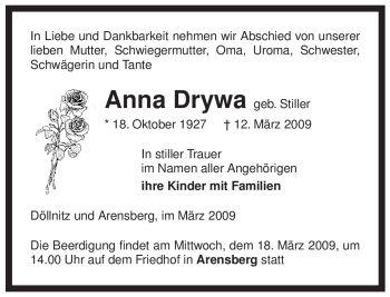 Traueranzeige von Anna Drywa von ALLGEMEINE ZEITUNG UELZEN