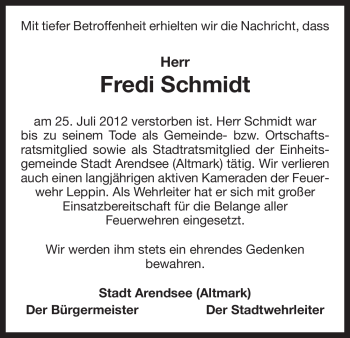 Traueranzeige von Fredi Schmidt von ALLGEMEINE ZEITUNG UELZEN