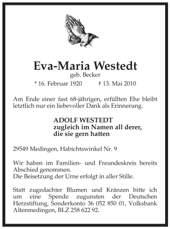 Traueranzeige von Eva-Maria Westedt von ALLGEMEINE ZEITUNG UELZEN