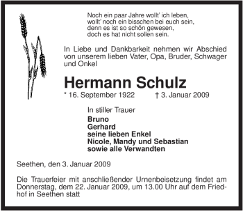 Traueranzeige von Hermann Schulz von ALLGEMEINE ZEITUNG UELZEN