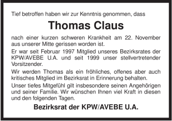 Traueranzeige von Thomas Claus von ALLGEMEINE ZEITUNG UELZEN