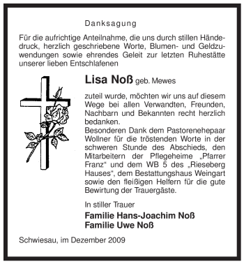 Traueranzeige von Lisa Noß von ALLGEMEINE ZEITUNG UELZEN