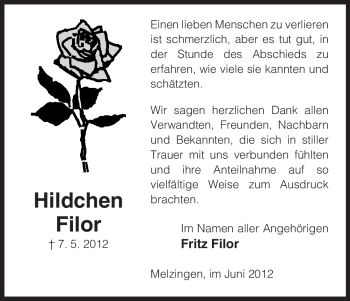 Traueranzeige von Hildchen Filor von ALLGEMEINE ZEITUNG UELZEN