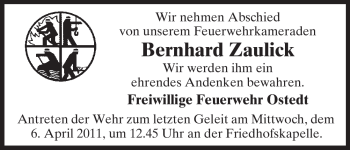 Traueranzeige von Bernhard Zaulick von ALLGEMEINE ZEITUNG UELZEN