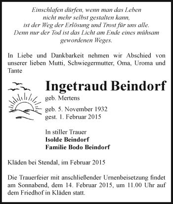 Traueranzeige von Ingetraud Beindorf von Uelzen