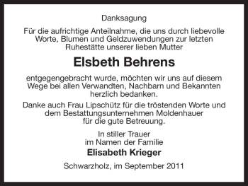 Traueranzeige von Elsbeth Behrens von ALLGEMEINE ZEITUNG UELZEN