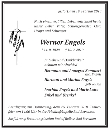 Traueranzeige von Werner Engels von ALLGEMEINE ZEITUNG UELZEN