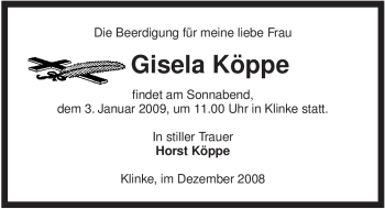 Traueranzeige von Gisela Köppe von ALLGEMEINE ZEITUNG UELZEN