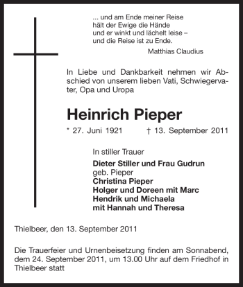 Traueranzeige von Heinrich Pieper von ALLGEMEINE ZEITUNG UELZEN