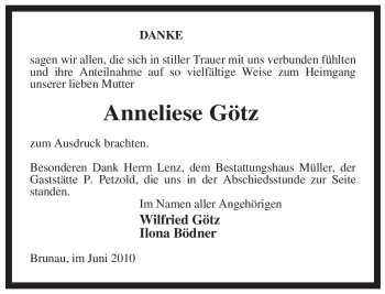 Traueranzeige von Anneliese Götz von ALLGEMEINE ZEITUNG UELZEN