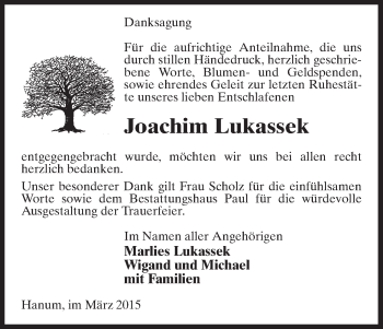 Traueranzeige von Joachim Lukassek von Uelzen