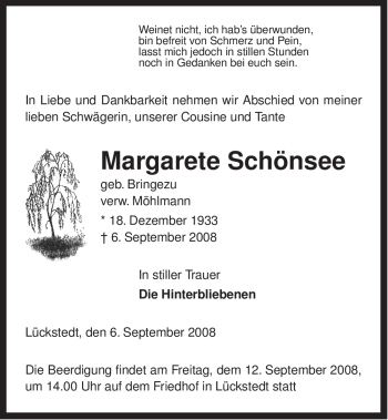 Traueranzeige von Margarete Schönsee von ALLGEMEINE ZEITUNG UELZEN