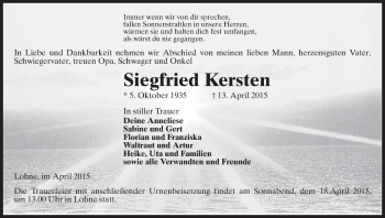 Traueranzeige von Siegfried Kersten von Uelzen