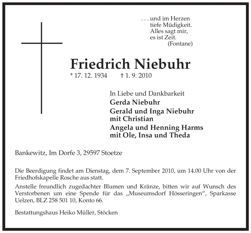  Traueranzeige für Friedrich Niebuhr vom 03.09.2010 aus ALLGEMEINE ZEITUNG UELZEN