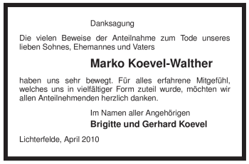 Traueranzeige von Marko Koevel-Walther von ALLGEMEINE ZEITUNG UELZEN