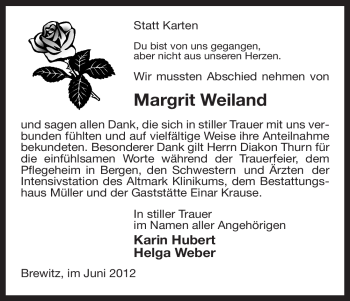 Traueranzeige von Margrit Weiland von ALLGEMEINE ZEITUNG UELZEN