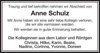 Traueranzeige von Anne Schulz von ALLGEMEINE ZEITUNG UELZEN