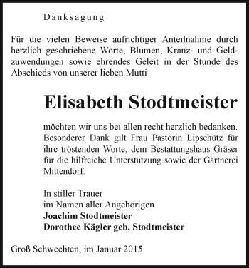 Traueranzeige von Elisabeth Stodtmeister von Uelzen