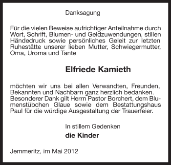 Traueranzeige von Elfriede Kamieth von ALLGEMEINE ZEITUNG UELZEN