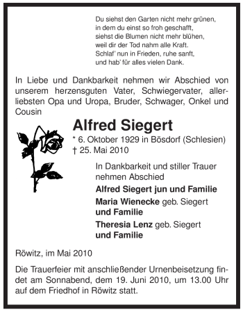 Traueranzeige von Alfred Siegert von ALLGEMEINE ZEITUNG UELZEN