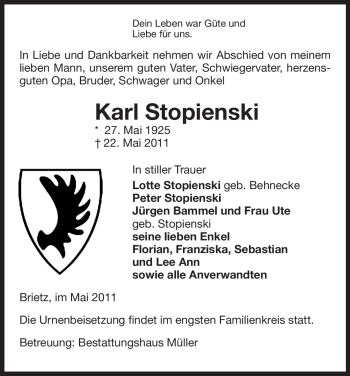 Traueranzeige von Karl Stopienski von ALLGEMEINE ZEITUNG UELZEN