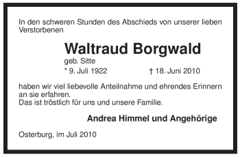 Traueranzeige von Waltraud Borgwald von ALLGEMEINE ZEITUNG UELZEN