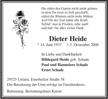 Traueranzeige von Dieter Heide von ALLGEMEINE ZEITUNG UELZEN