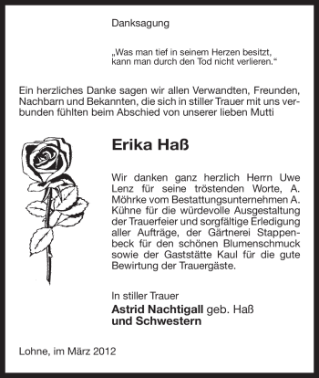 Traueranzeige von Erika Haß von ALLGEMEINE ZEITUNG UELZEN