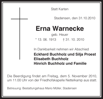 Traueranzeige von Erna Warnecke von ALLGEMEINE ZEITUNG UELZEN