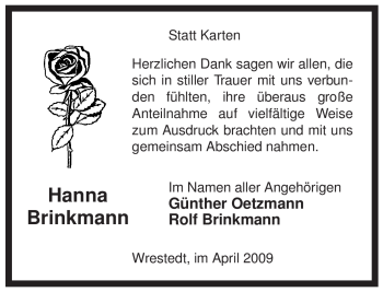Traueranzeige von Hanna Brinkmann von ALLGEMEINE ZEITUNG UELZEN