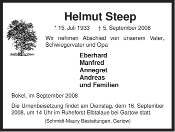 Traueranzeige von Helmut Steep von ALLGEMEINE ZEITUNG UELZEN